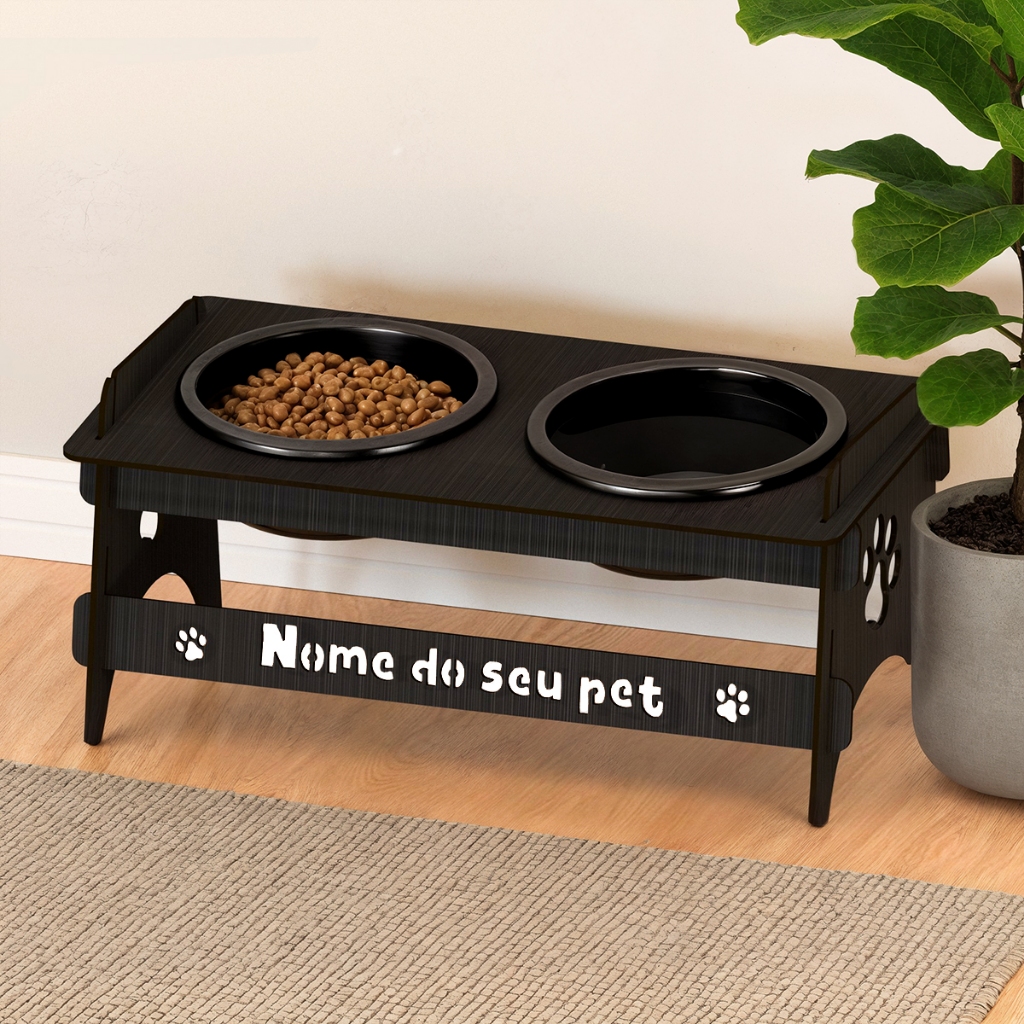 Comedouro Personalizado Com Nome Para Gatos E Cachorros Pequenos e Médios De Madeira Com Potes Plástico