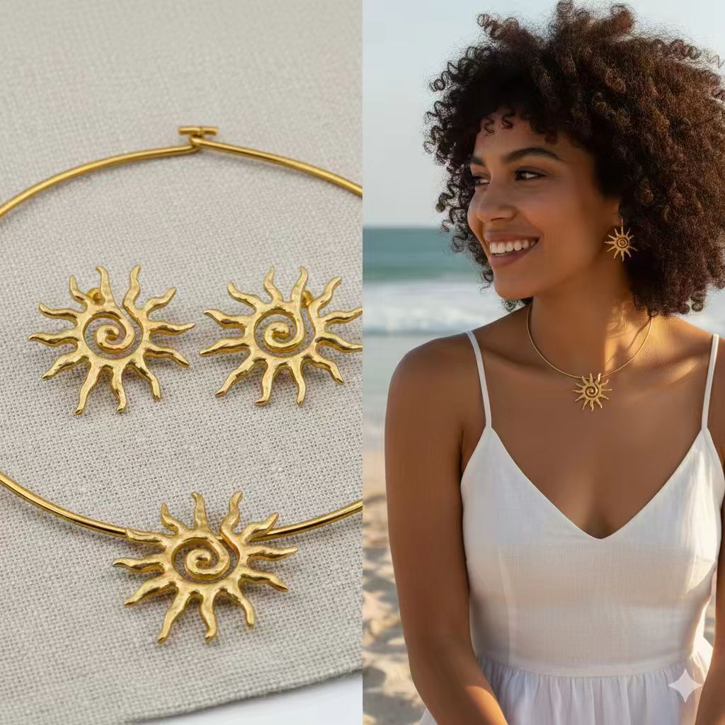 Kit Colar Gargantilha + Brincos Sol Banhado Luxo Presente Boho