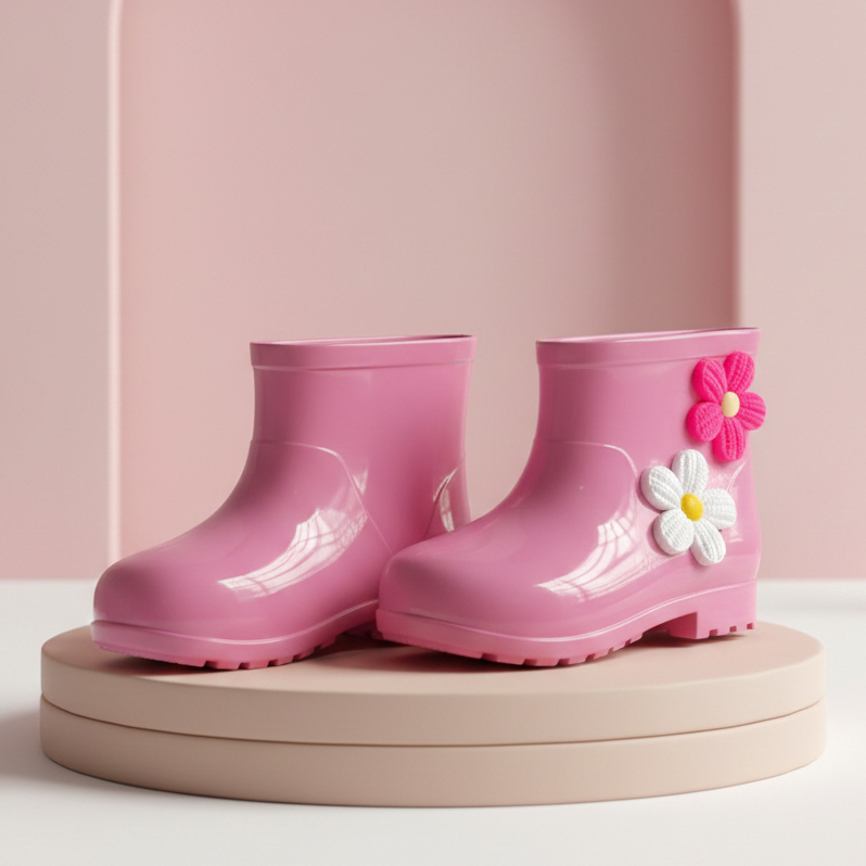 Galocha infantil Kids Feminina Botinha De Chuva  Com Flores Meninas Leve e Confortável