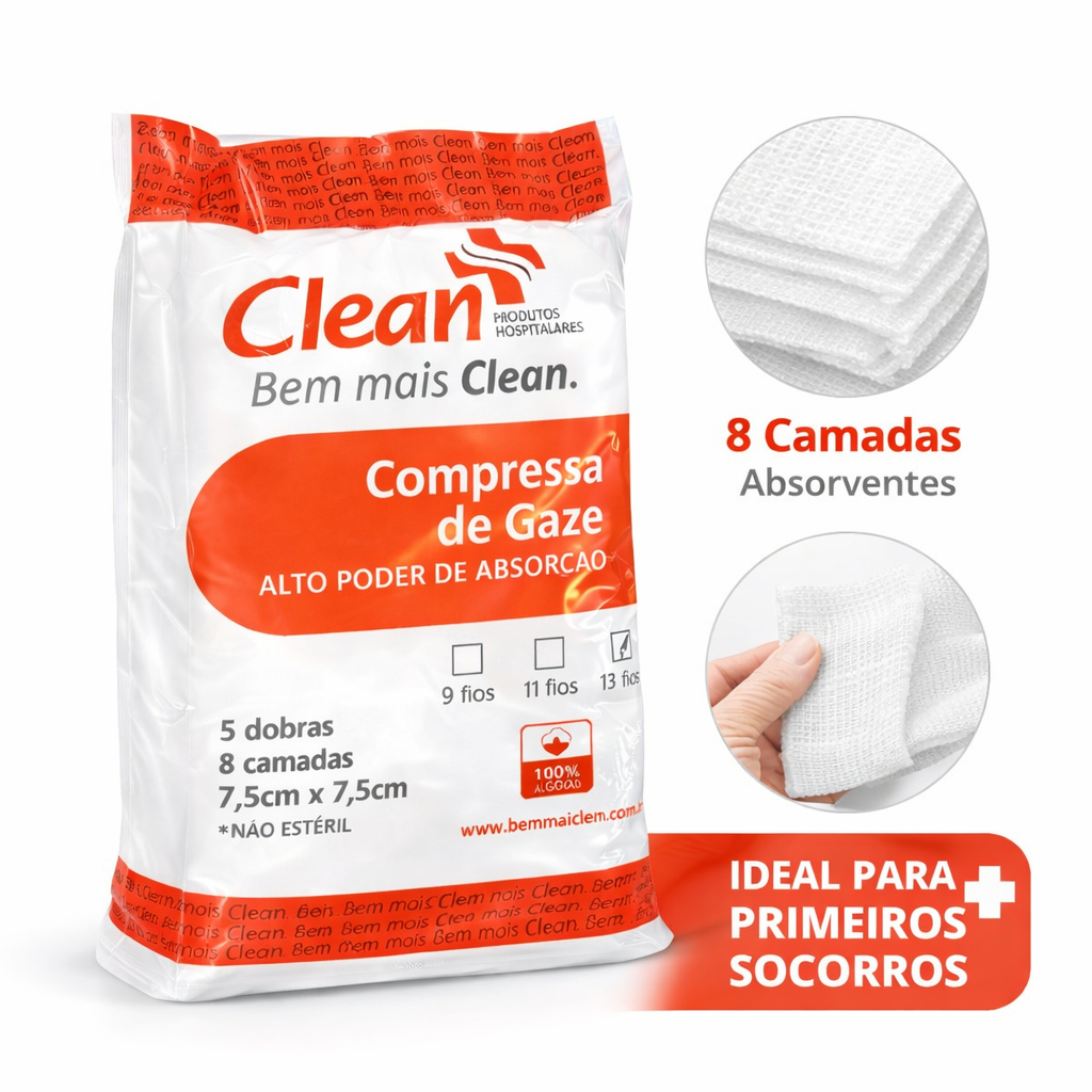 Compressa de Gaze Hidrófila 13 Fios 100g Clean Não Estéril Limpeza Curativo