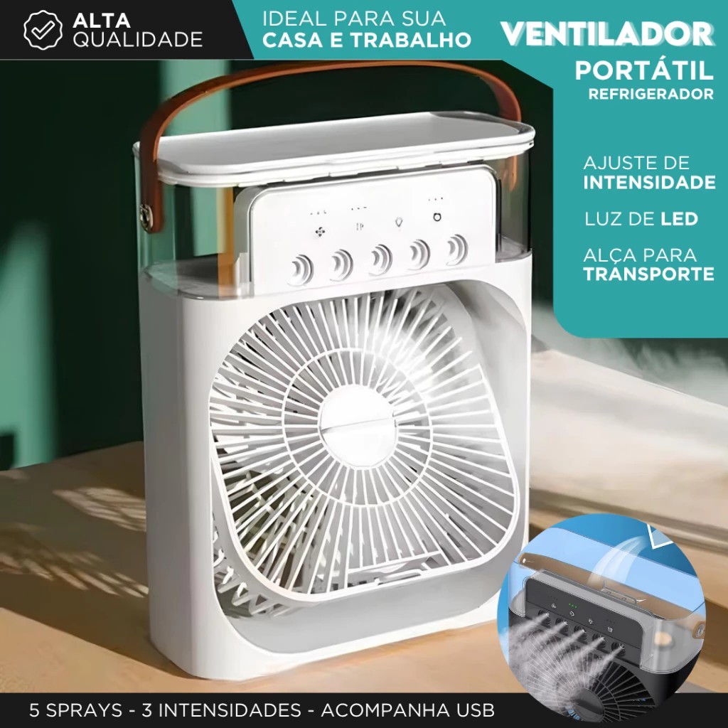 Mini Ventilador E Umidificador Portátil USB Led Com Reservatório E Alça