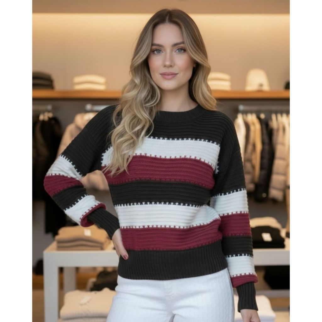 Blusa de Frio Suéter Feminino Tricot Listrado Punho Canelado Manga Comprida Casual Outono Inverno