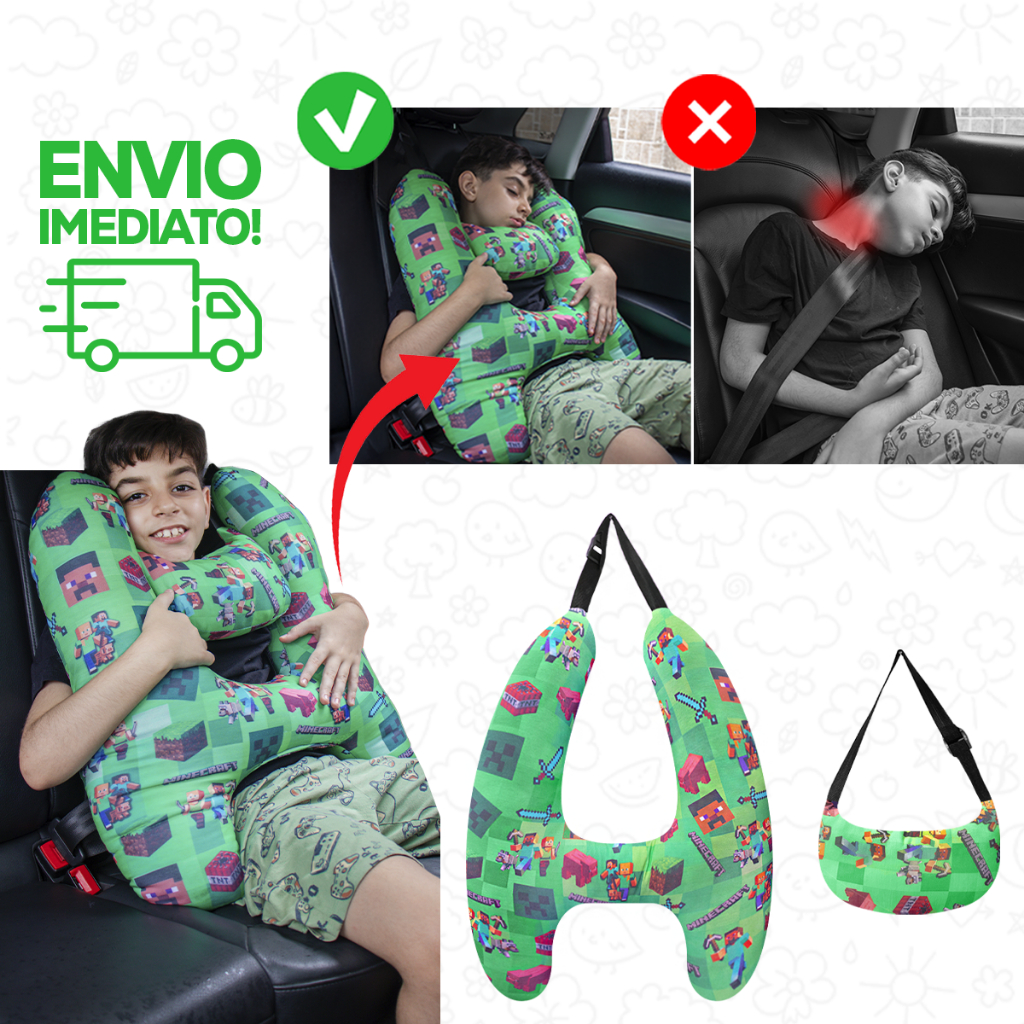 Almofada Carro para Viagens Formato H com Travesseiro Passante Cinto de Segurança