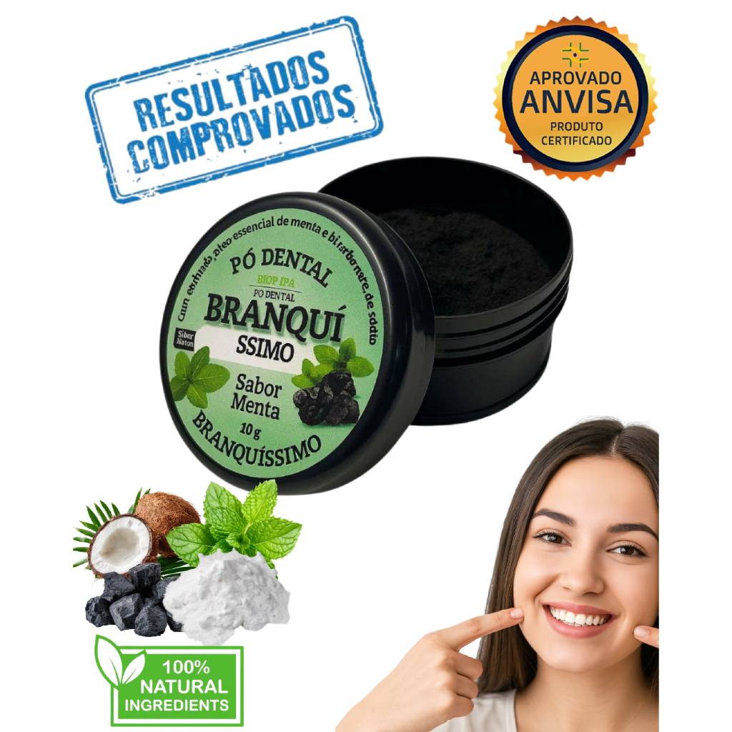 Pó Dental Natural com Carvão Ativado para Higiene Bucal Diária – Sensação Refrescante e Boca Limpa