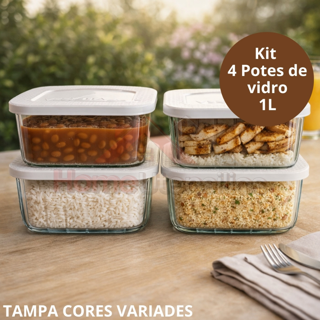 Kit 4 Potes Tigela de vidro Retangular 1Litro Tampa Plastica