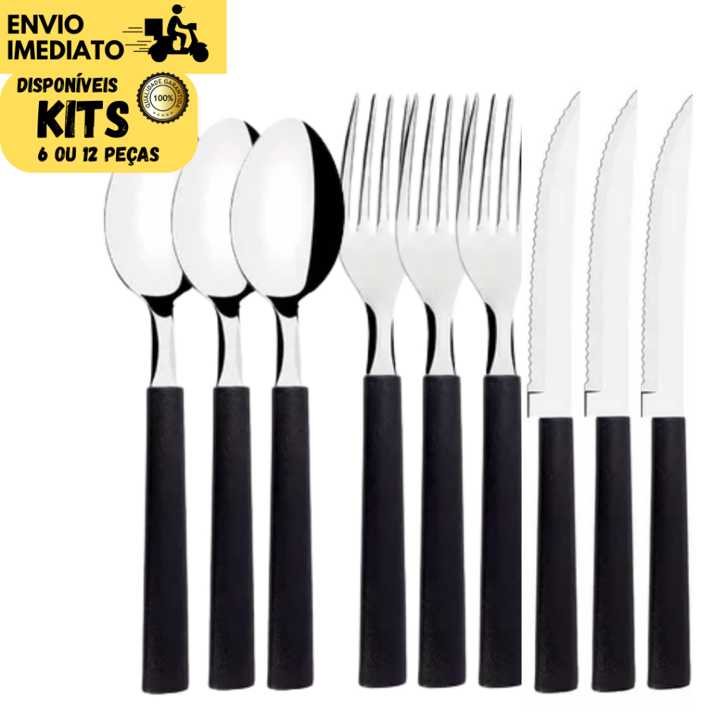 Kits 6 ou 12 Talheres de Inox Cabo Preto Facas Colheres Garfos Residencial Restaurante Uso Diário
