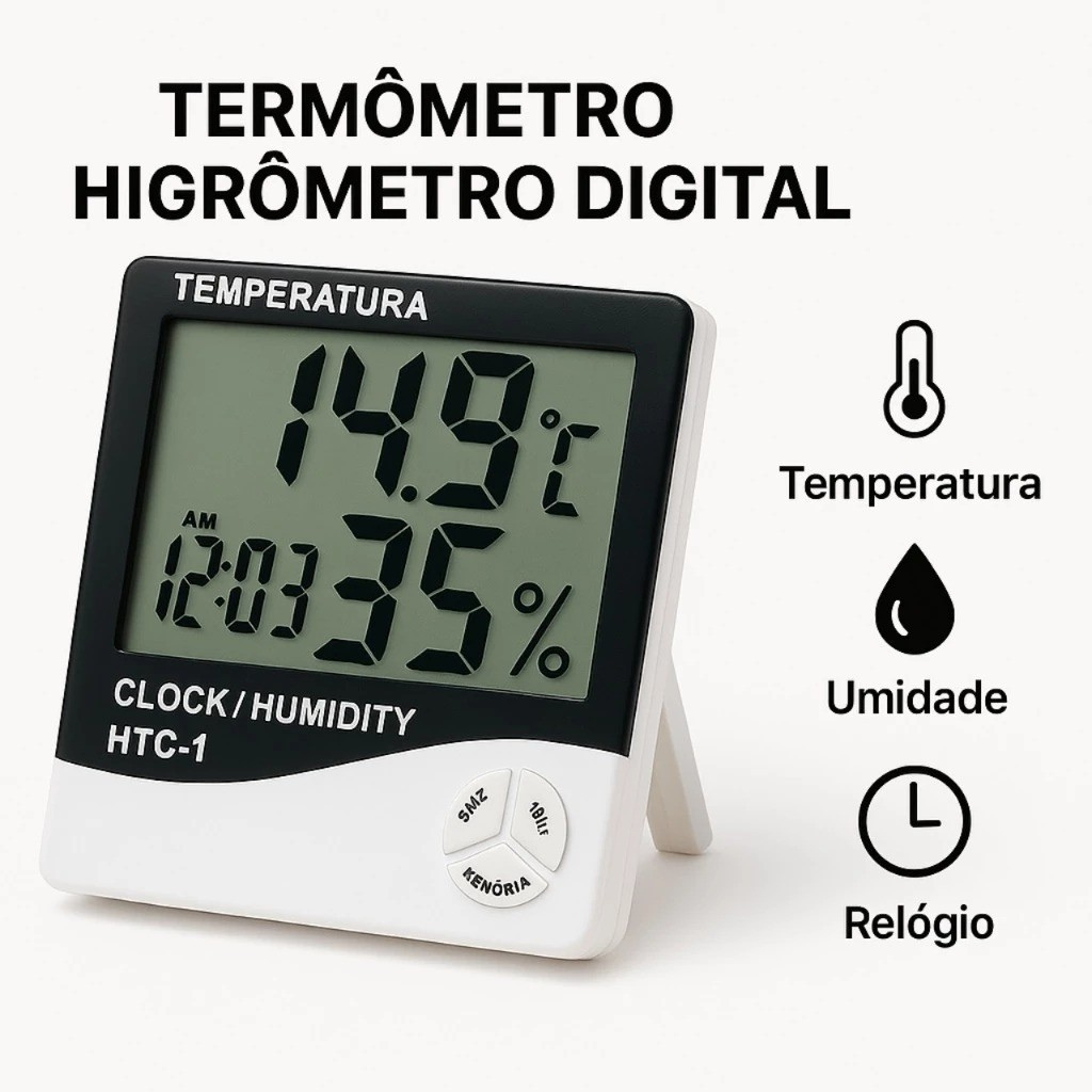 Termômetro Higrômetro Digital HTC-1 com Relógio – Temperatura e Umidade Ambiente