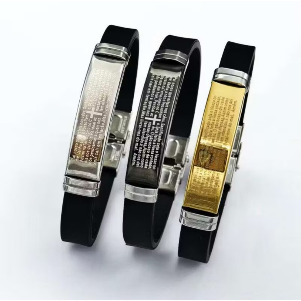 Pulseira Masculina Ajustavel Pai nosso Borracha resistente Prata/ Dourado