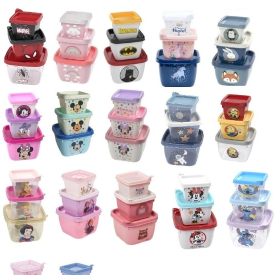 Conjunto 3 Potes Para Lanches Plasútil Stitch/Minnie/Mickey/Homem Aranha/Princesas Disney Plasutil