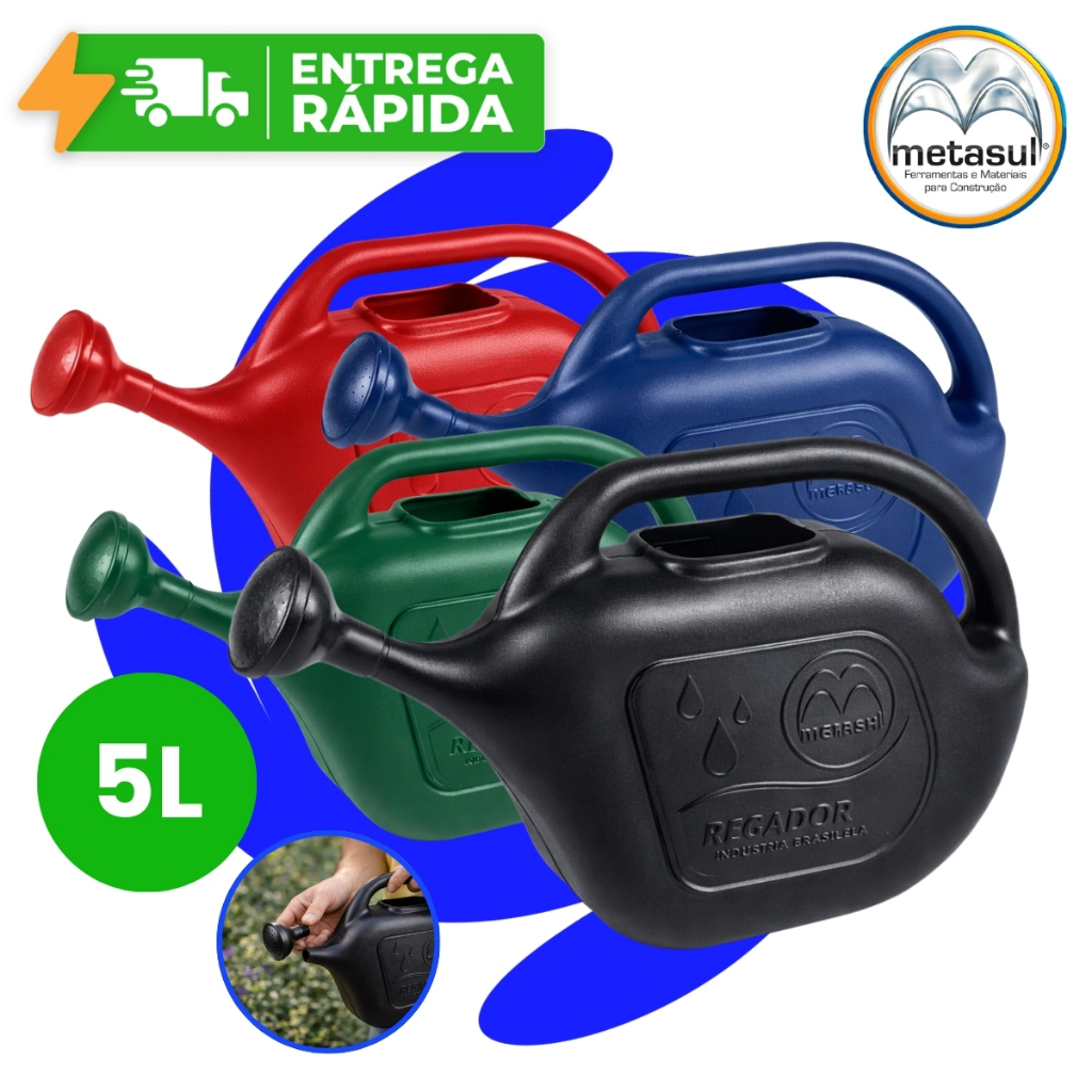Regador Plástico 5 Litros com Bico Chuveiro Removível Metasul Alça Jardim Plantas Jardinagem Quintal