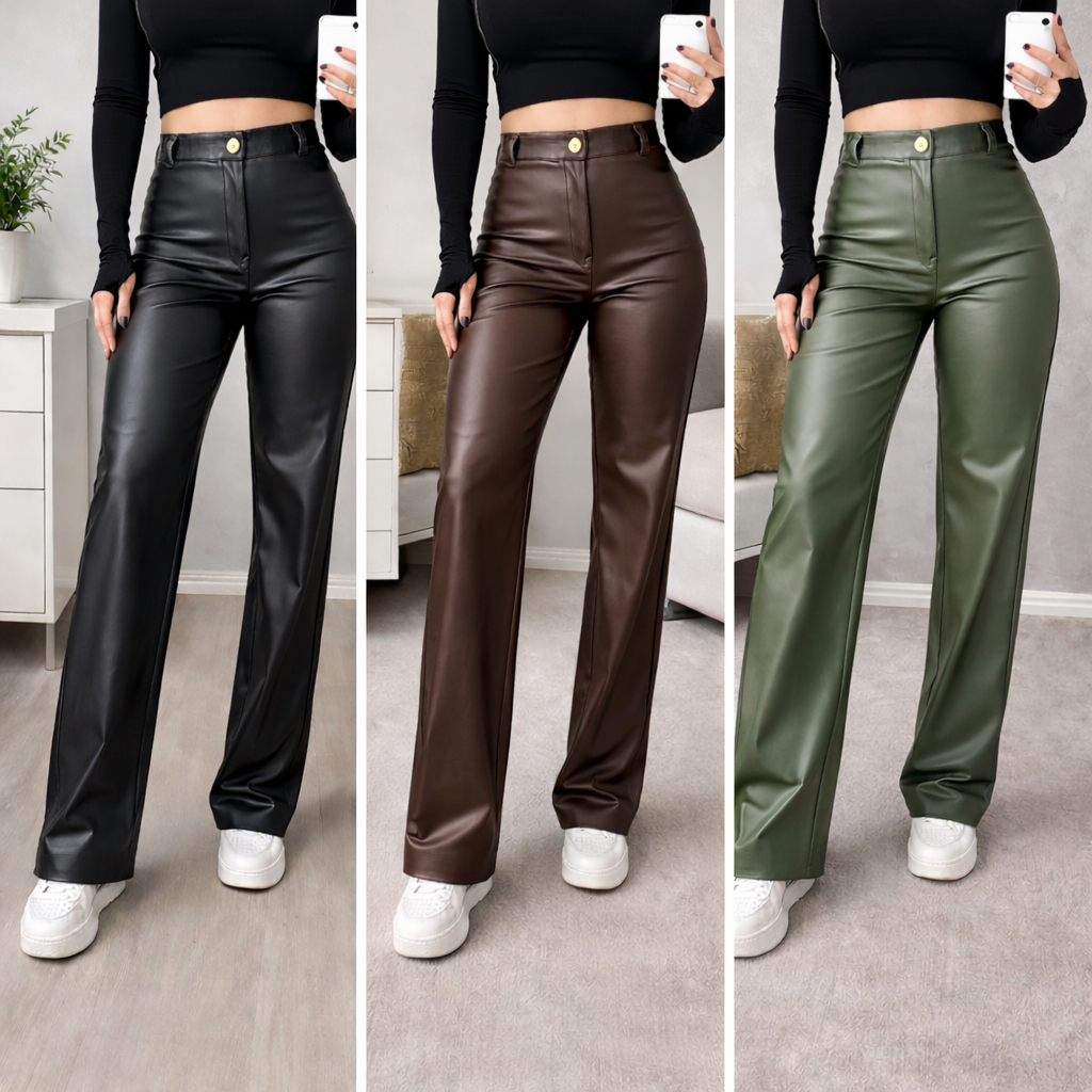 Calça Feminina de Couro Fake Larga Premium PU Wide Leg Pantalona Profissional com Zíper e Bolso