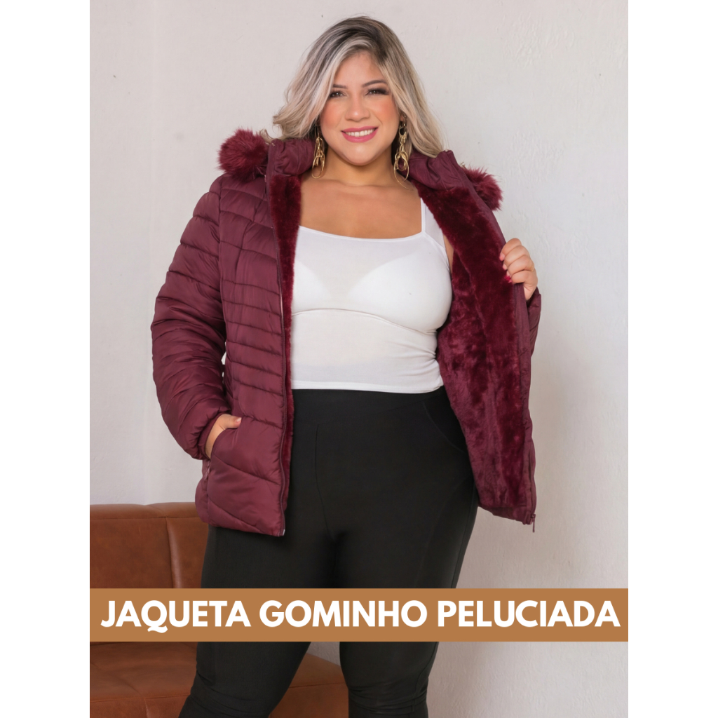 Jaqueta Peluciada Bobojaco Plus Size Feminina Impermeavel Inverno com Touca Removivel e Bolsos com Zíper