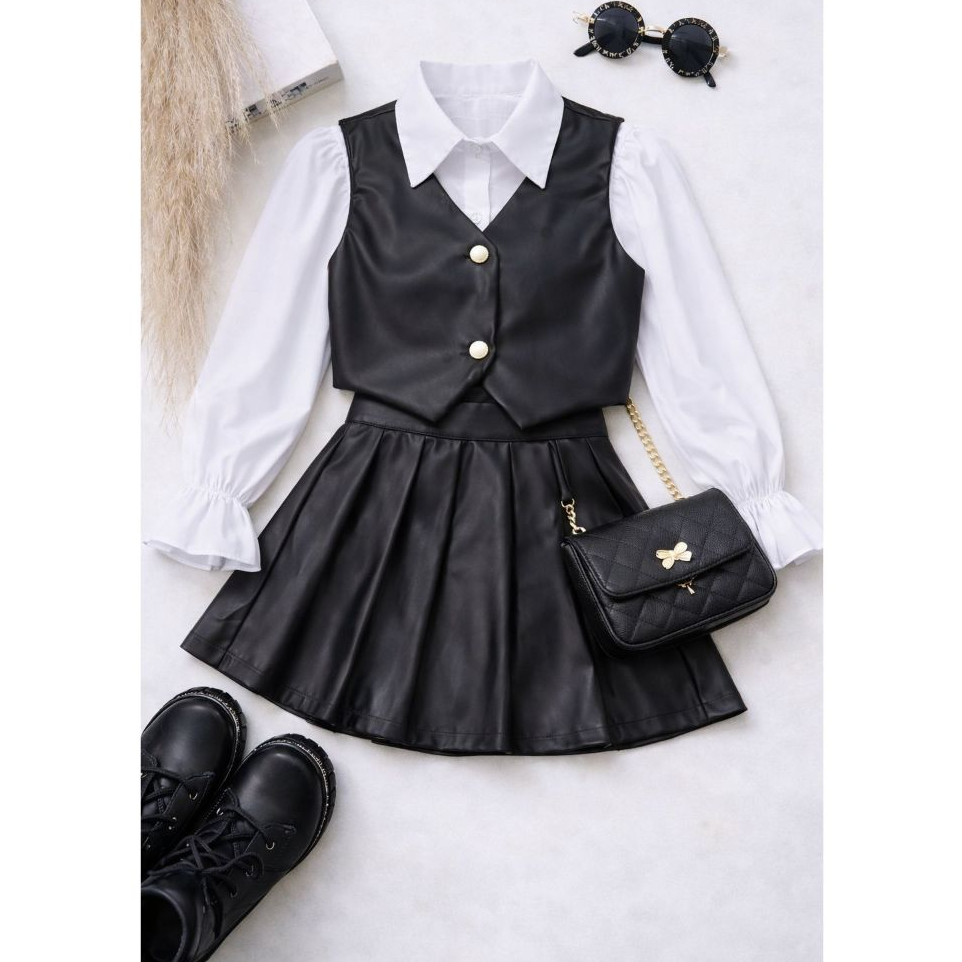 Conjunto infantil Saia e Colete De Couro Para Meninas