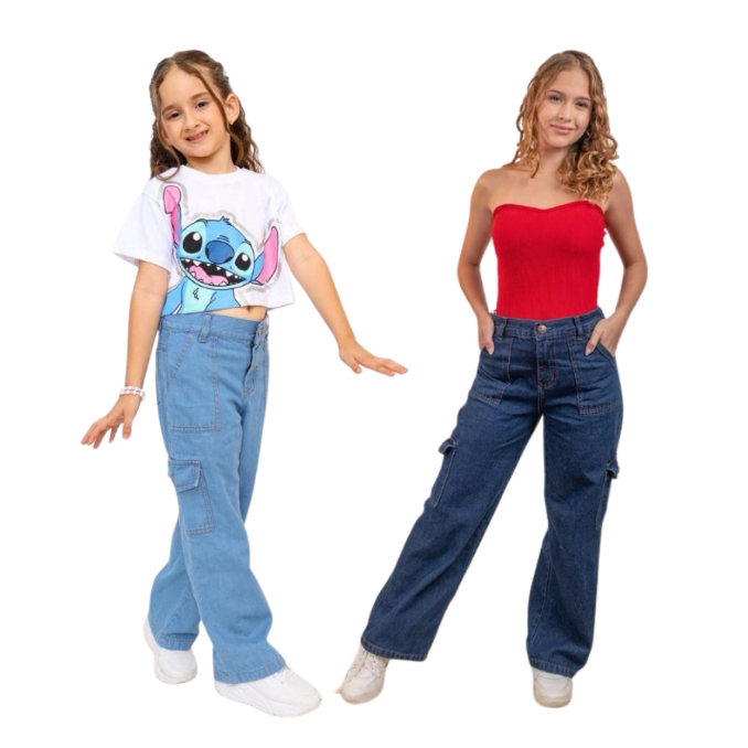 Calça Cargo bolso quadrado Infantil e juvenil jeans feminina moda gringa  na frente Wide Leg cintura alta