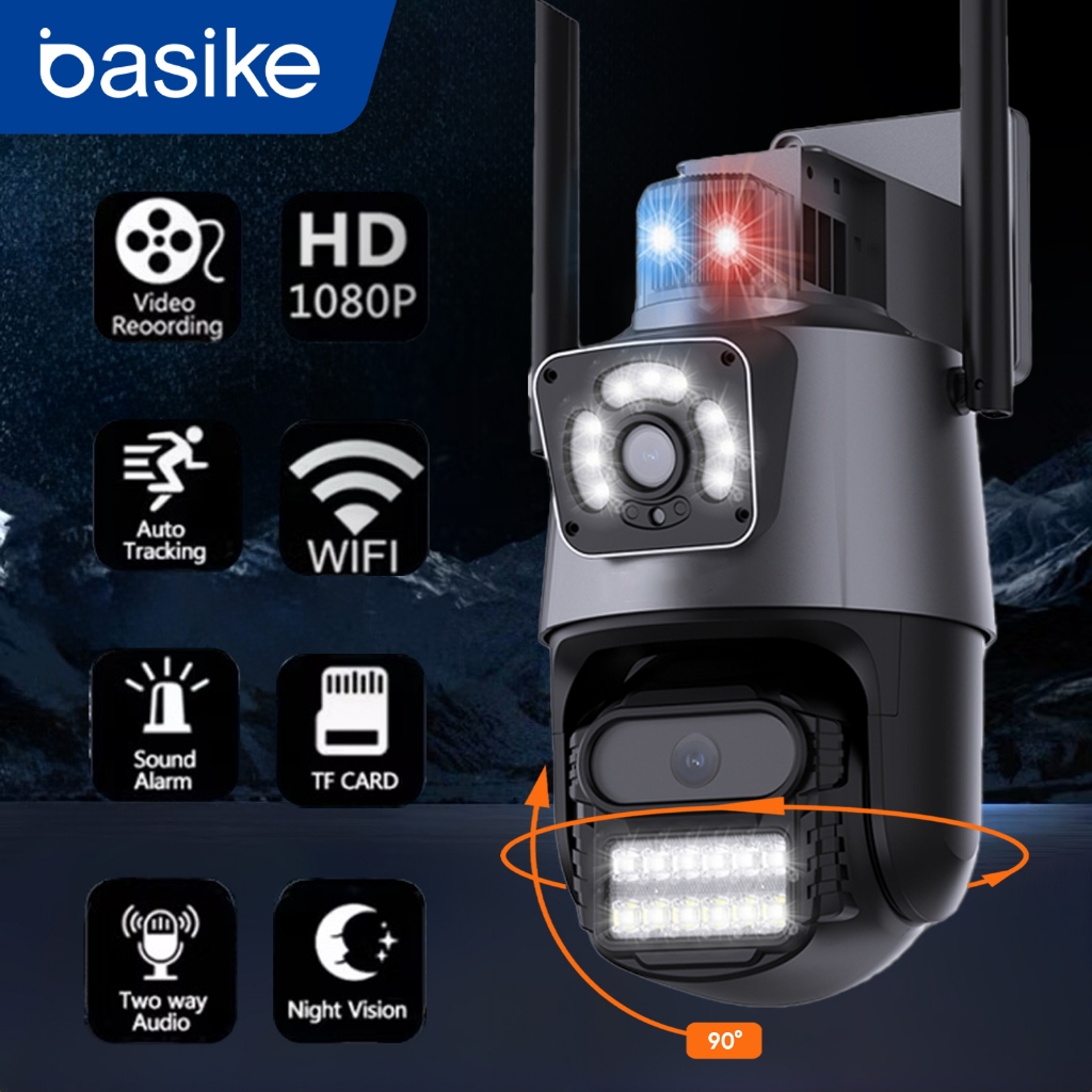 BASIKE Kit Câmera Segurança Externa Dupla Lente 4K 6MP IP66 Sirene Visão Noturna 8x Zoom ICSEE