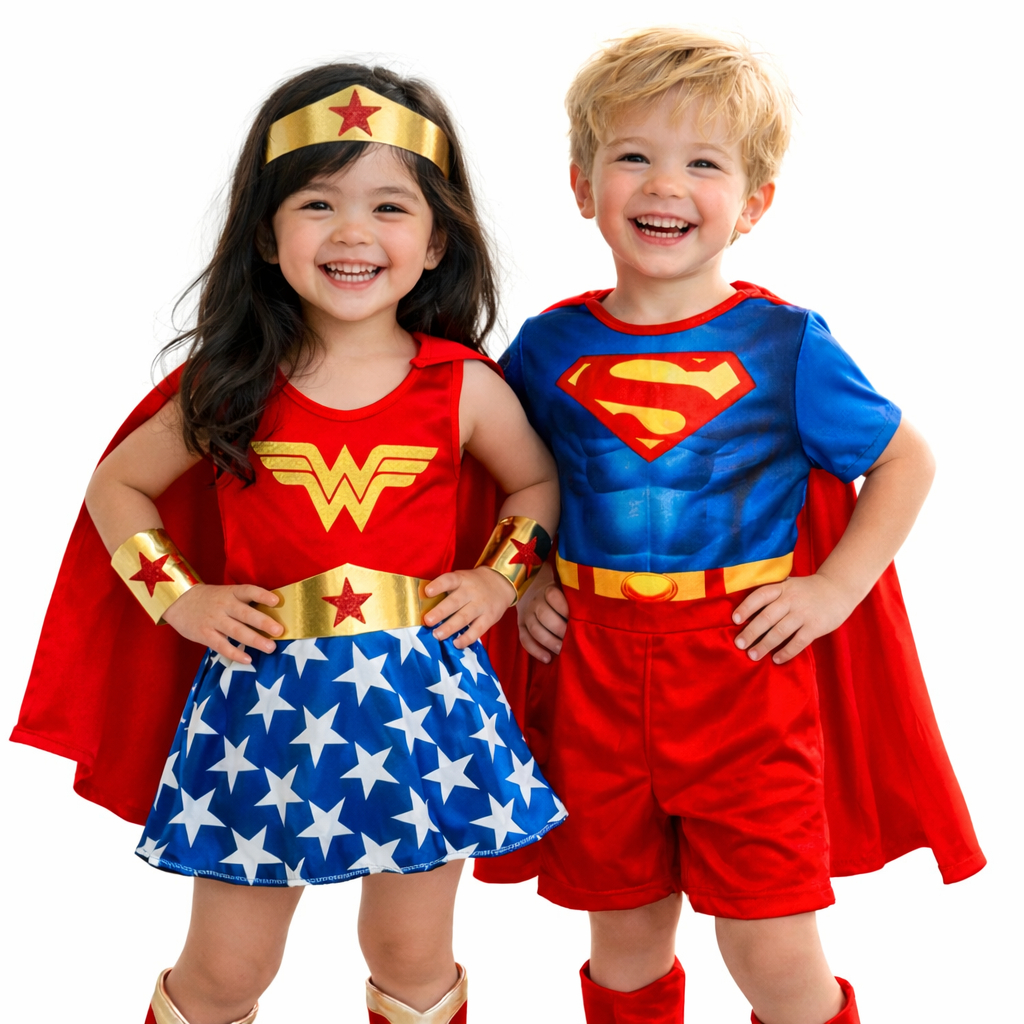 Fantasia Mulher Maravilha + Super Homem Infantil com capa e Acessórios