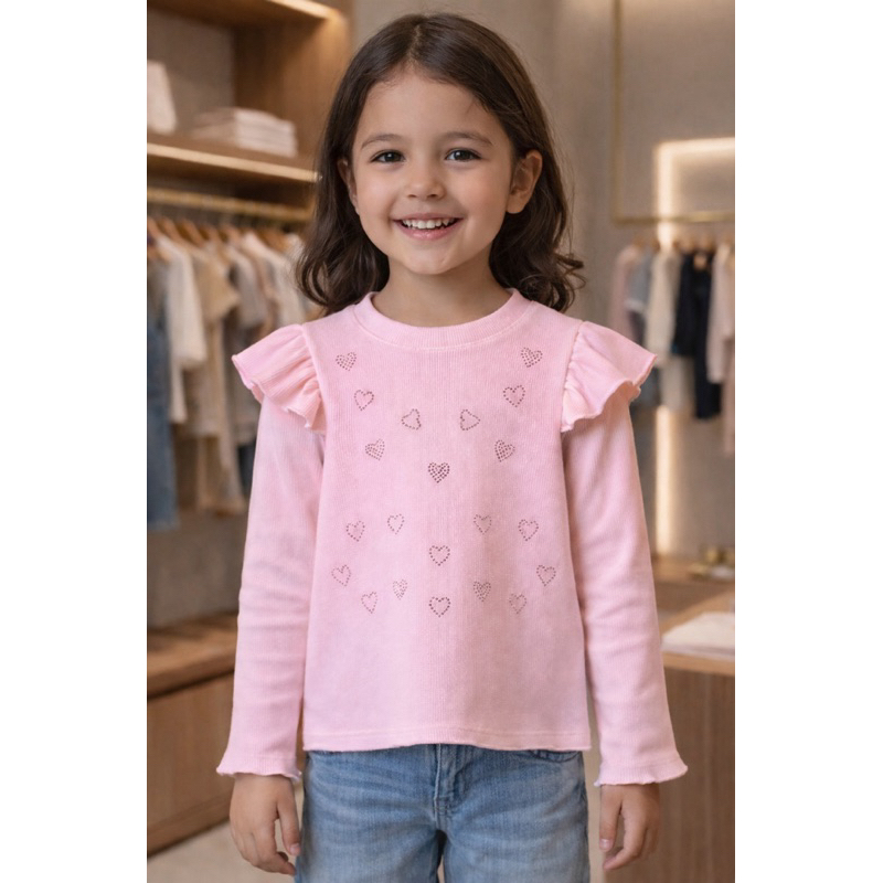 Blusa Infantil Feminina Manga Longa Coração Strass Fru Fru Menina Moda 4 ao 12
