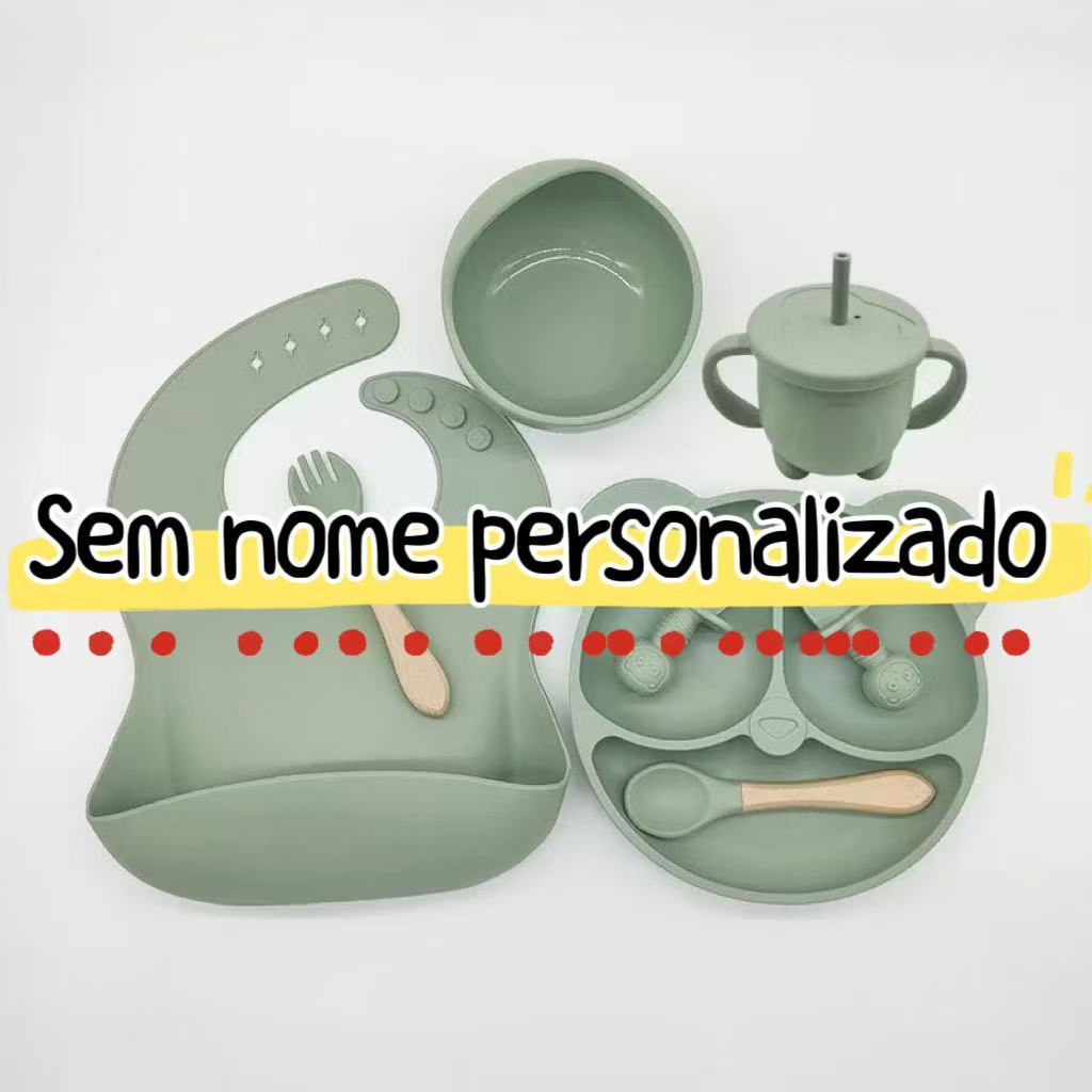 kit 8 Peças Talheres alimentação bebê silicone  kit Talheres Infantil Com Ventosa Canudo Colher Babador Garfo
