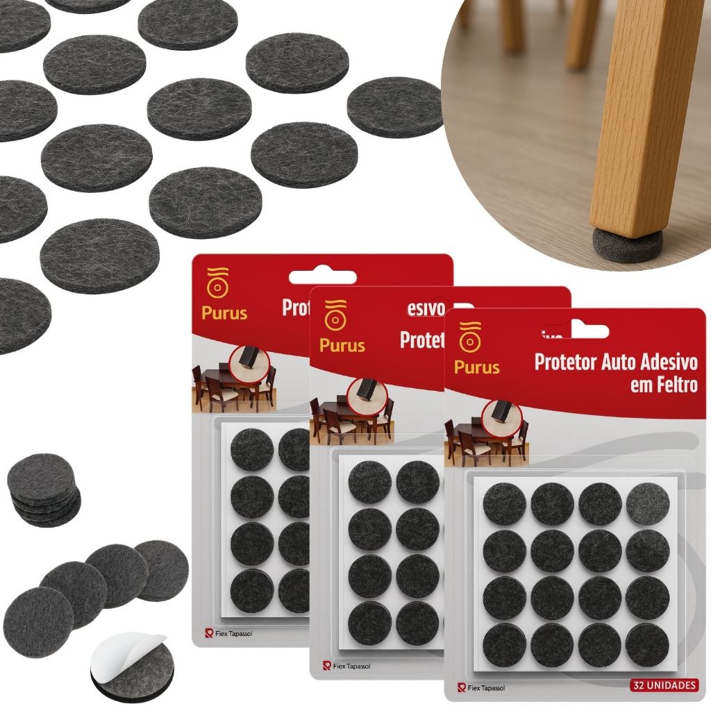 Kit 96 / 64 / 32 Protetor Redondo Feltro Auto Adesivo Pé Sofá Cadeira Mesa Porta Barulho