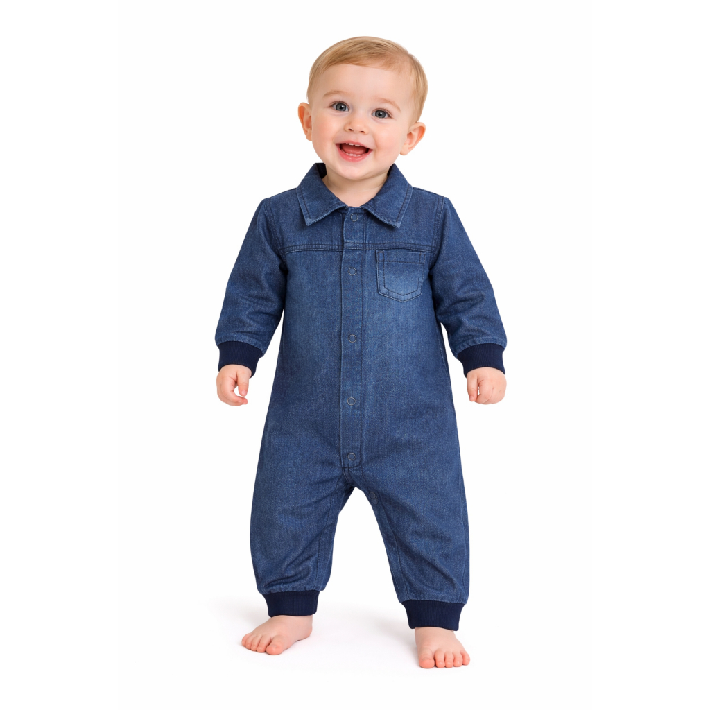 Macacão Jeans Infantil Bebê Manga Longa/Roupa Unissex Estilosa e Confortável/Moda Bebê Casual +1BB