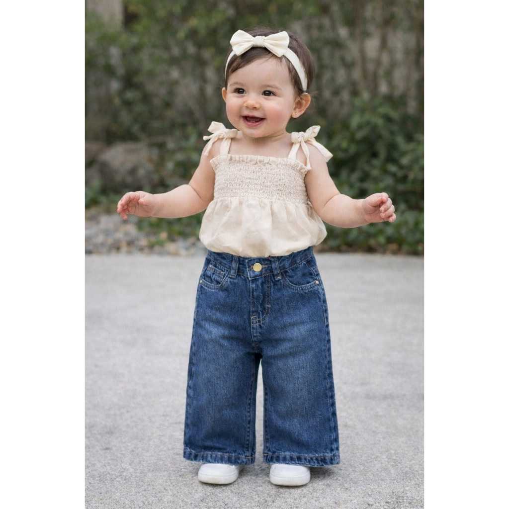 CALÇA LORDAN JEANS PREMIUM INFANTIL DE BEBÊ MENINA WIDE ESCURA 01 AO 03 COM MUITO ESTILO