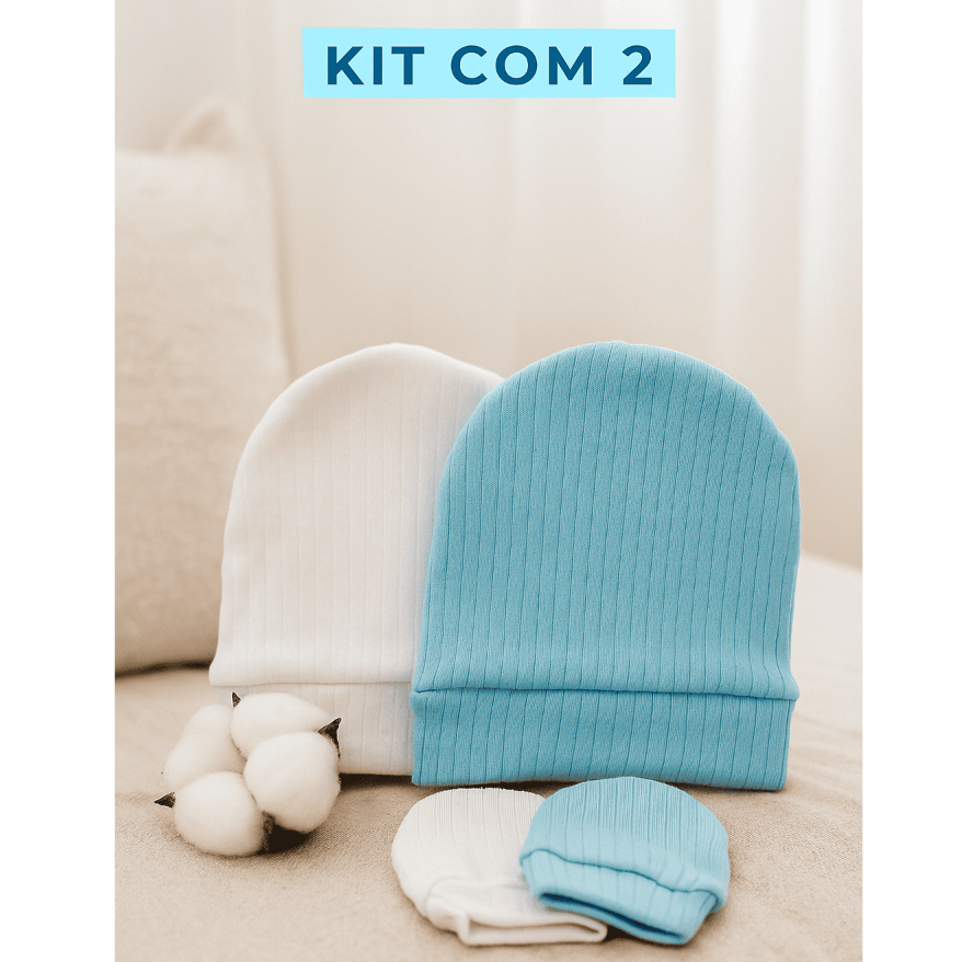 Kit Bebê 2 Toucas e 2 Luvas 100% Algodão Canelado Antialérgico Saída Maternidade Unissex Menino Menina