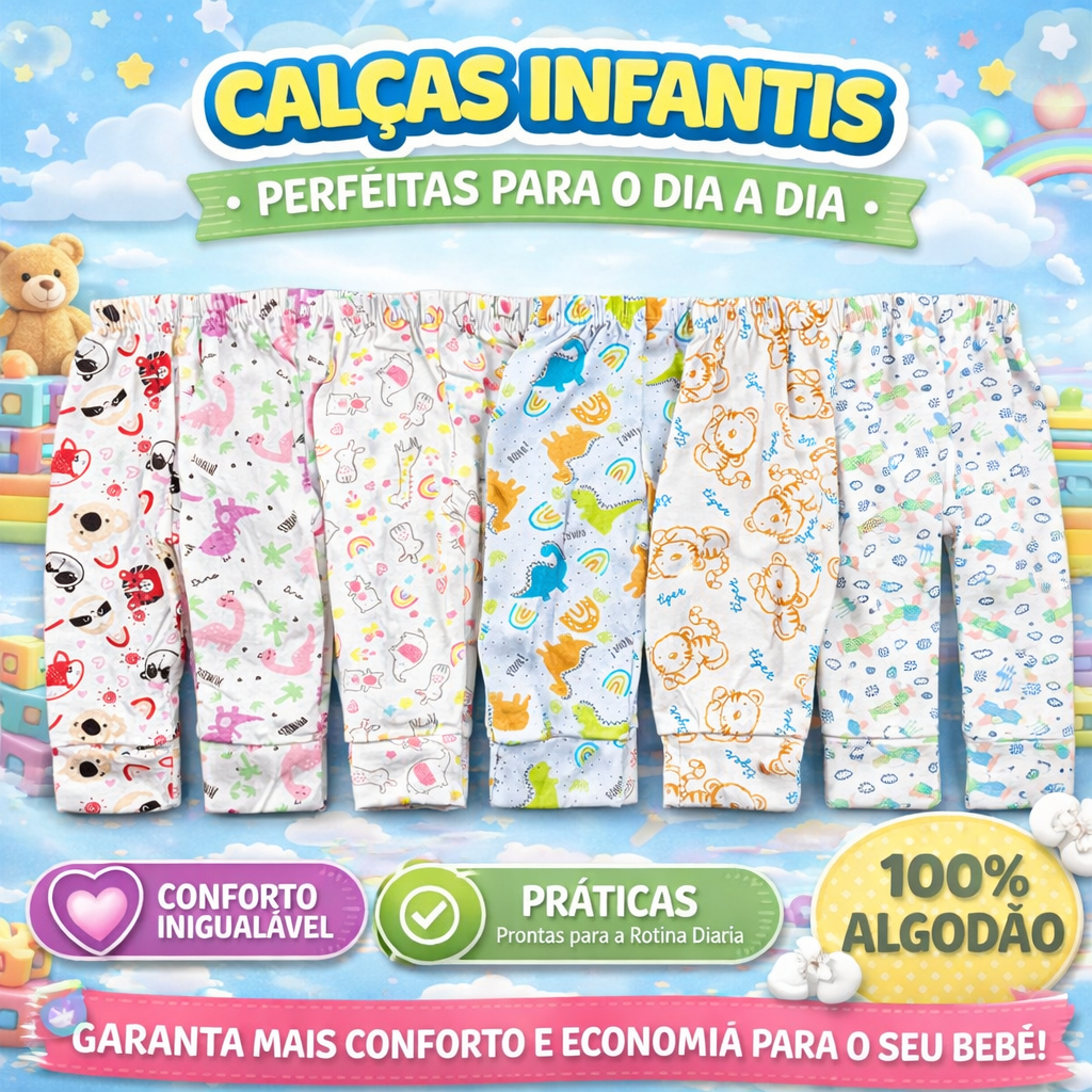 Kit 3 Calça Mijão Infantil Bebe Menina Menino  Recém Nascido Vira Pé RN