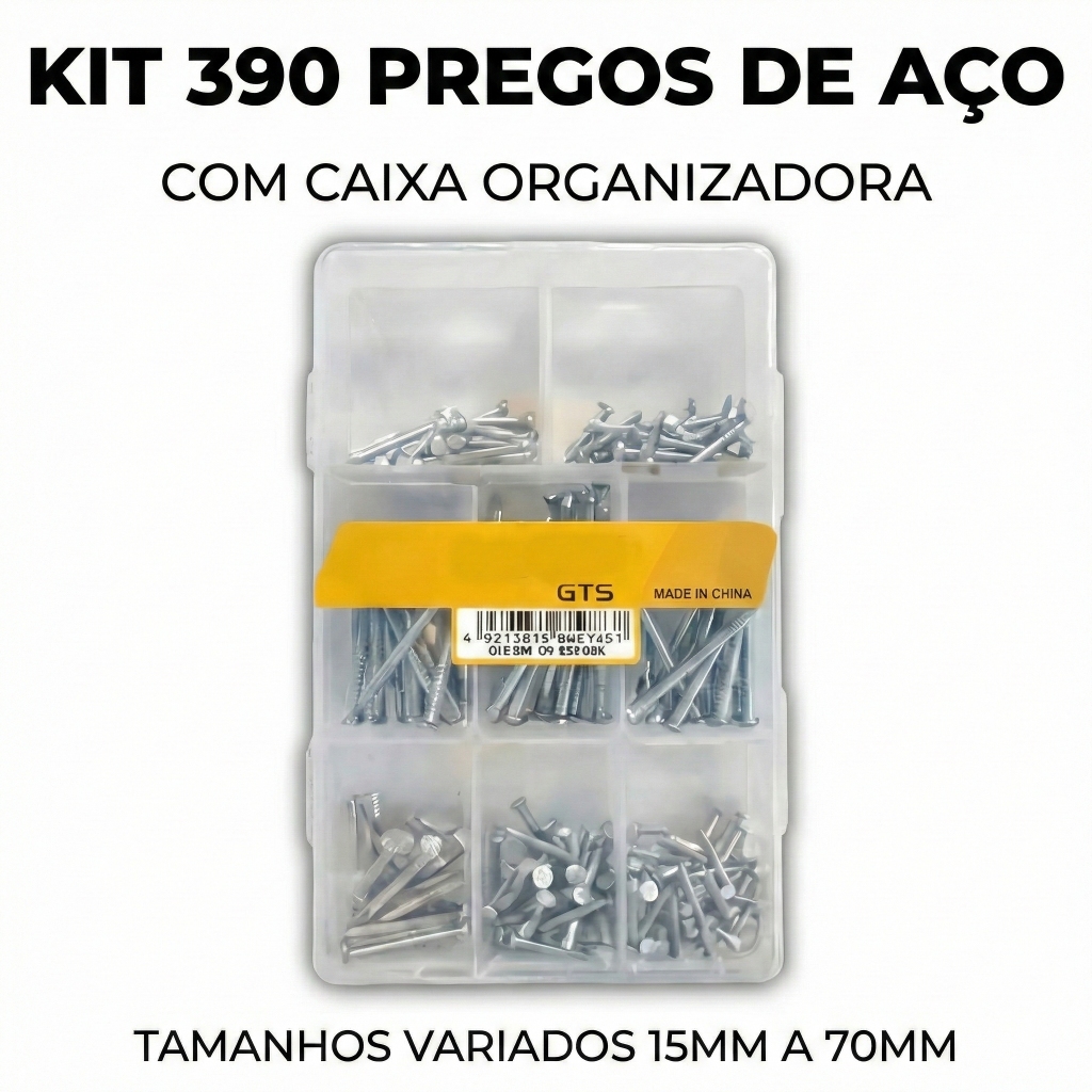 Kit 390 Pregos de Aço com Caixa Organizadora Tamanhos Variados 15mm a 70mm Parede Madeira DIY