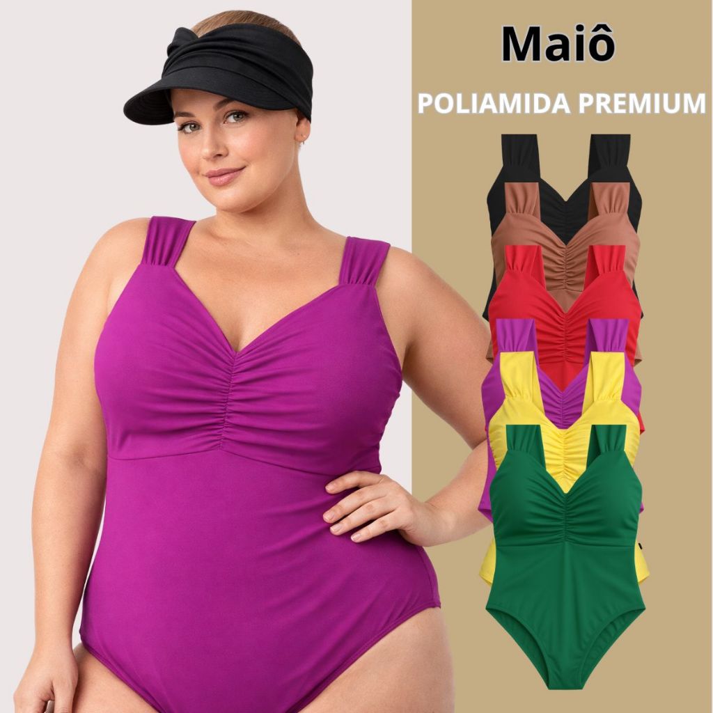 Kit Maiô + Viseira Feminina Praia Plus Size Poliamida Premium Body Disfarça Barriga