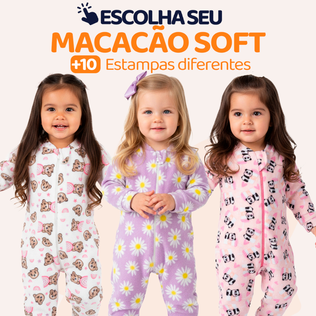 Escolha Seu Macacão Bebe Menina Roupa Inverno Soft Peluciado Com Zíper Quentinho Confortável Panda, Ursinho, Florido L09