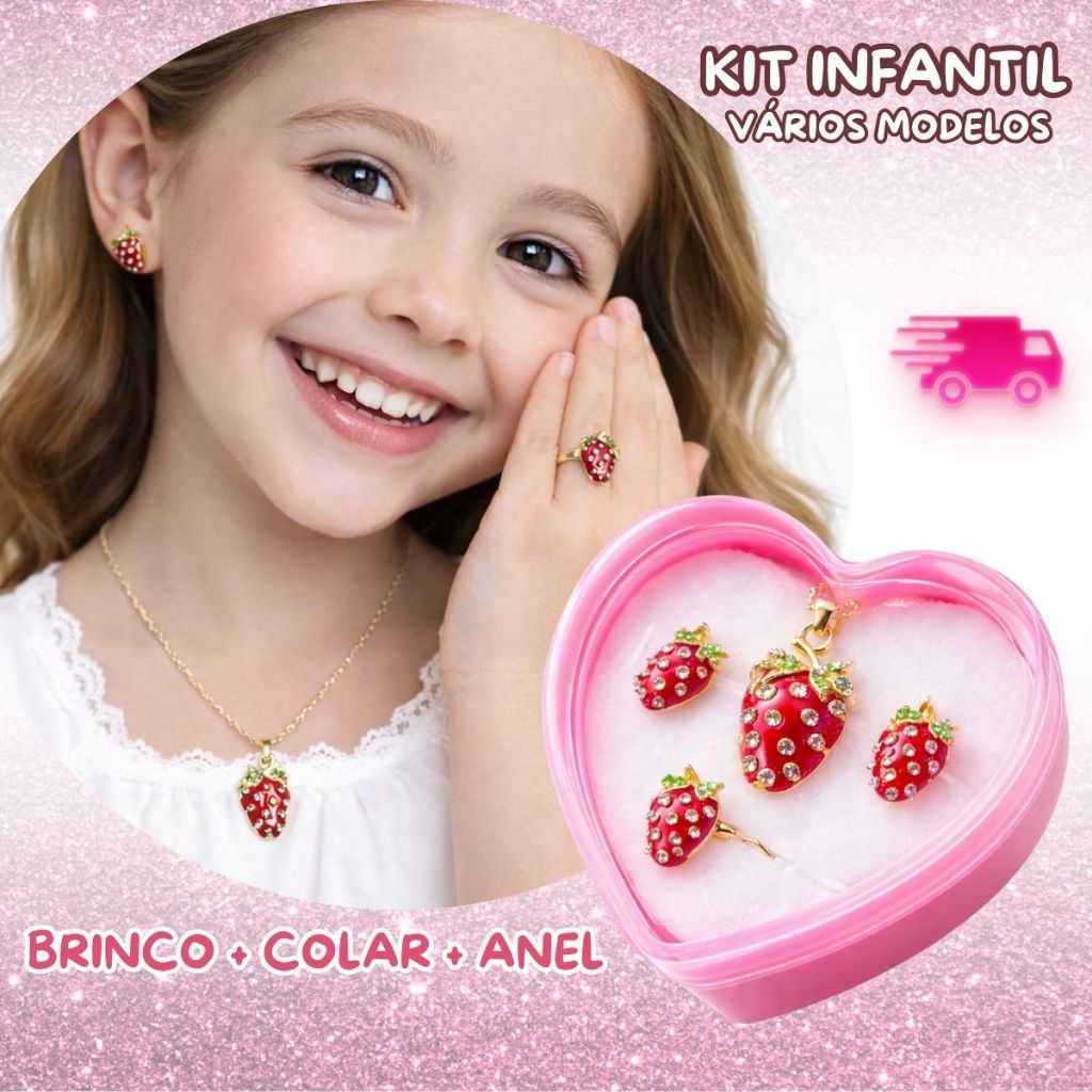 Kit Colar e Brincos e Anel Infantil Menina Bijuteria Com Pingente Caixa de Coração Completo Diversos