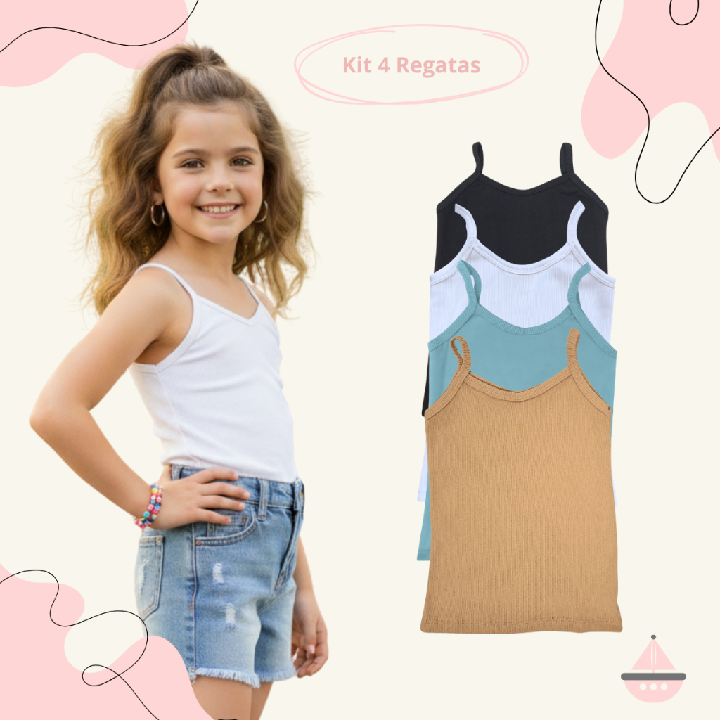 Kit 4 Blusinhas Regatas Básica Infanto Juvenil Moda Alcinha Cores Sortidas Casual Igreja Aniversário