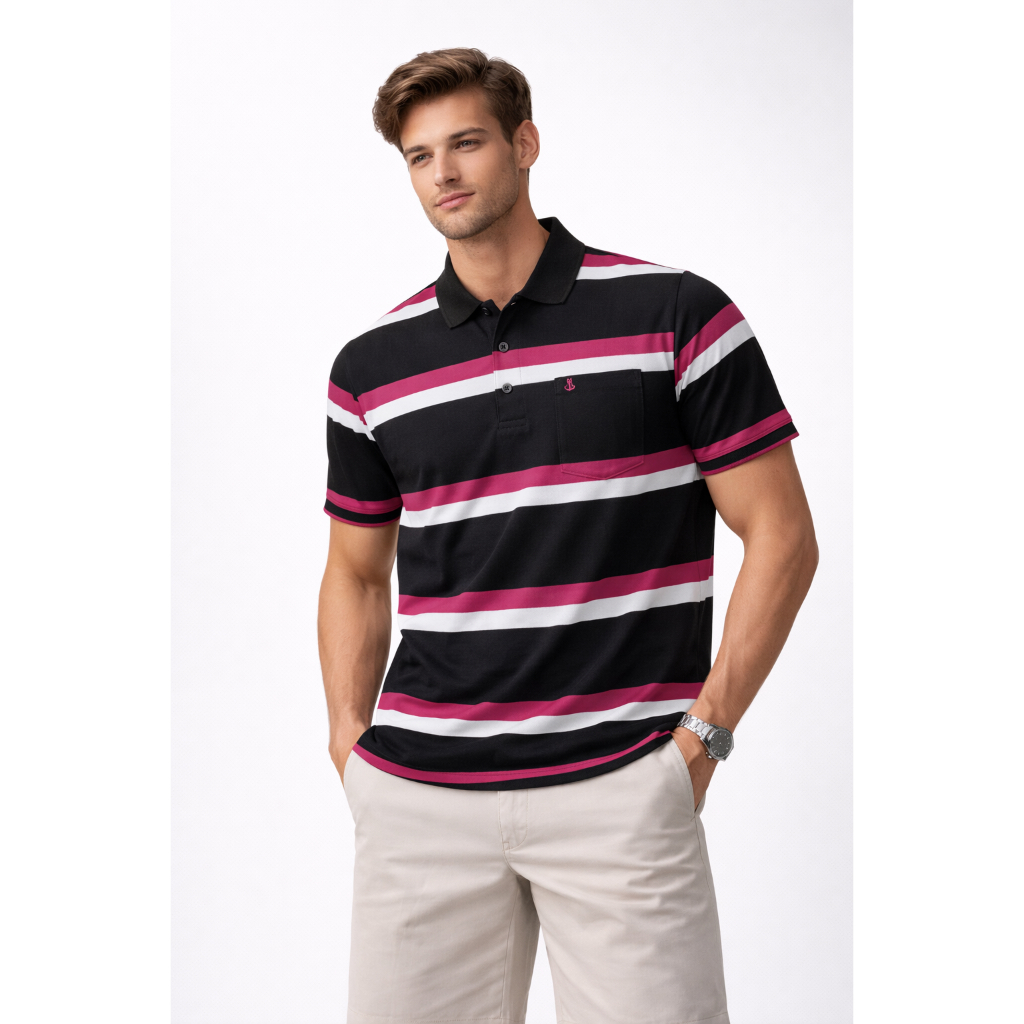 Camiseta Polo Masculina Listrada Macia Confortável 100% Poliéster 12 cores
