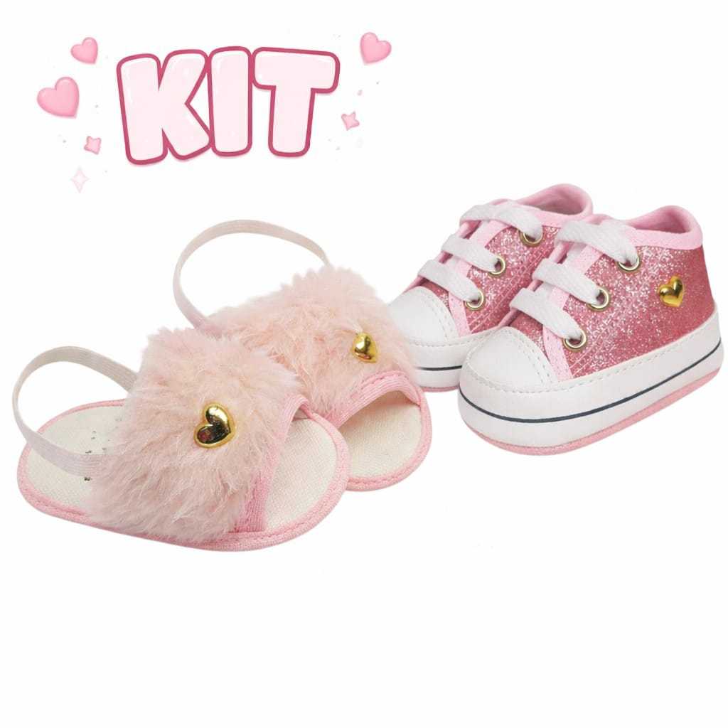 Lançamento KIT Tênis Glitter + Chinelo Pelúcia Várias Cores Para Menina Sapatinhos Aniversário Batizado