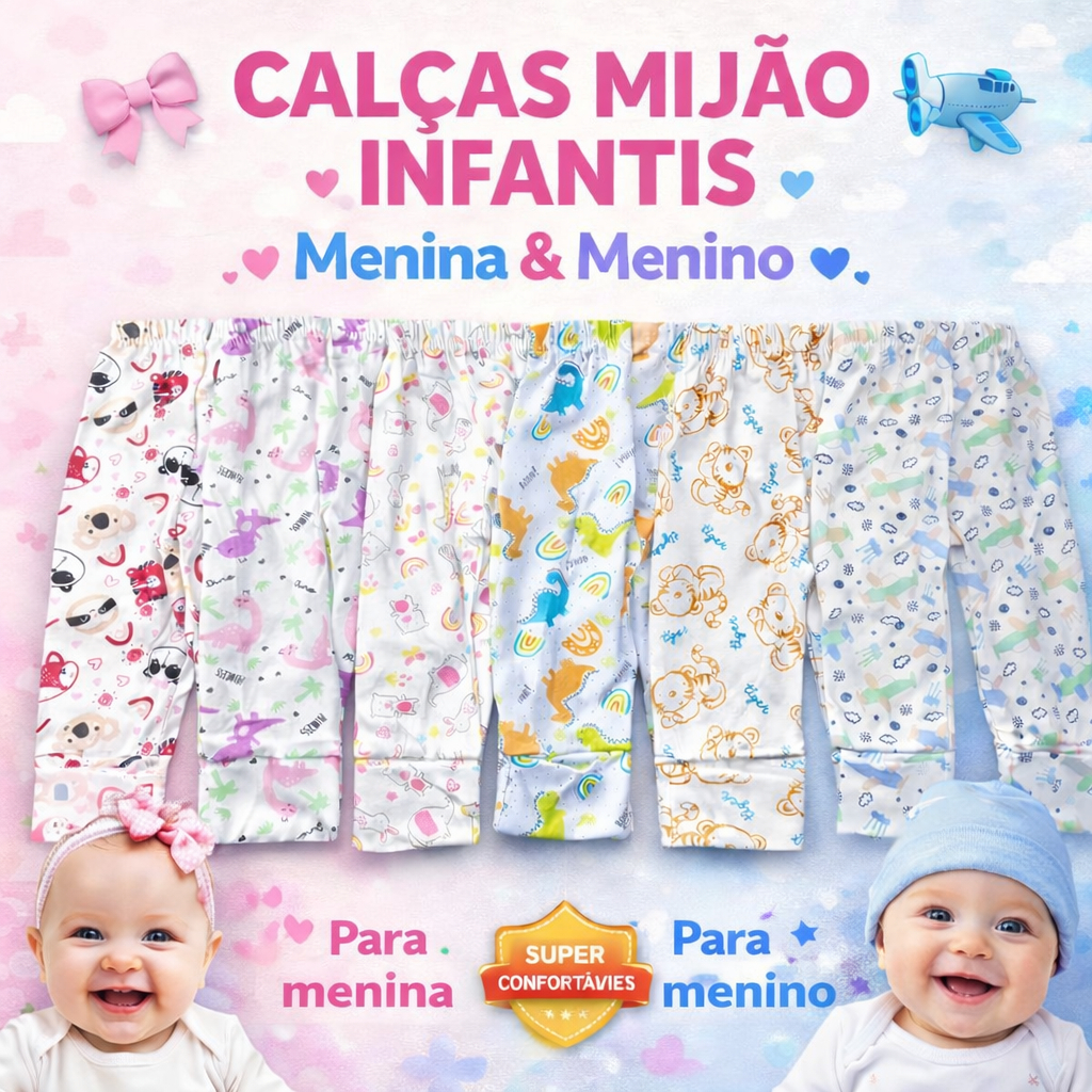 3 Mijão Calça Infantil Bebe Menino Menina  Recém Nascido Vira Pé RN
