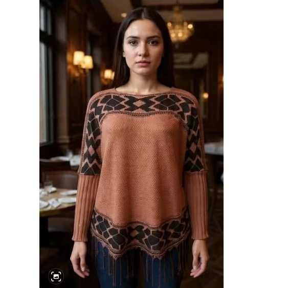 Blusa tricot  jacard poncho com franja capa inverno