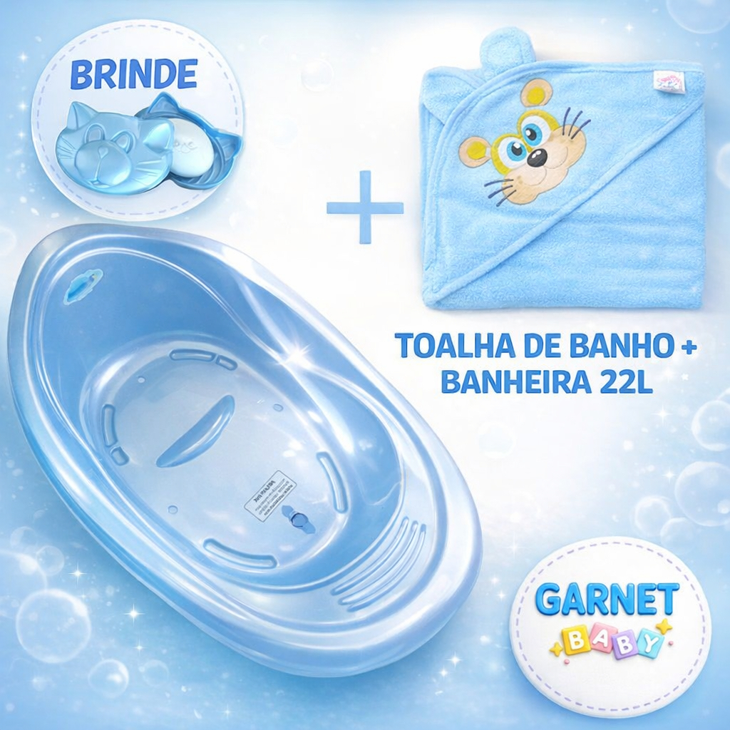 Kit Toalha de banho + Banheira de Bebe 22L + Saboneteira Menina/Menino/Neutro Premium