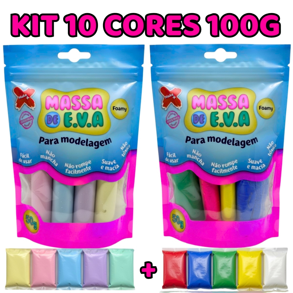 Kit Massa EVA Make+ Colorida: 10 Cores (Pastel e Arco-Íris) para Artesanato e Lembrancinhas DIY