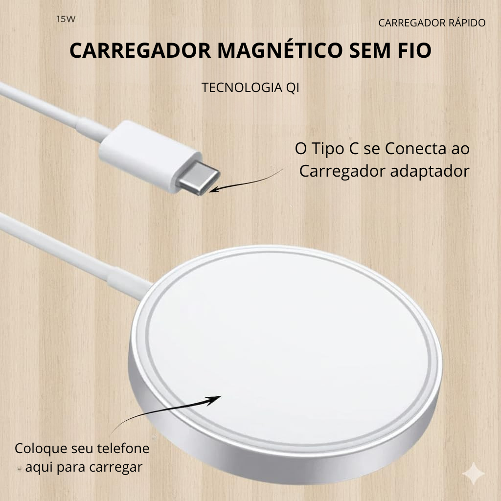 Kit Carregador Magnetic Indução Magsafe + Fonte / Tipo C 15W