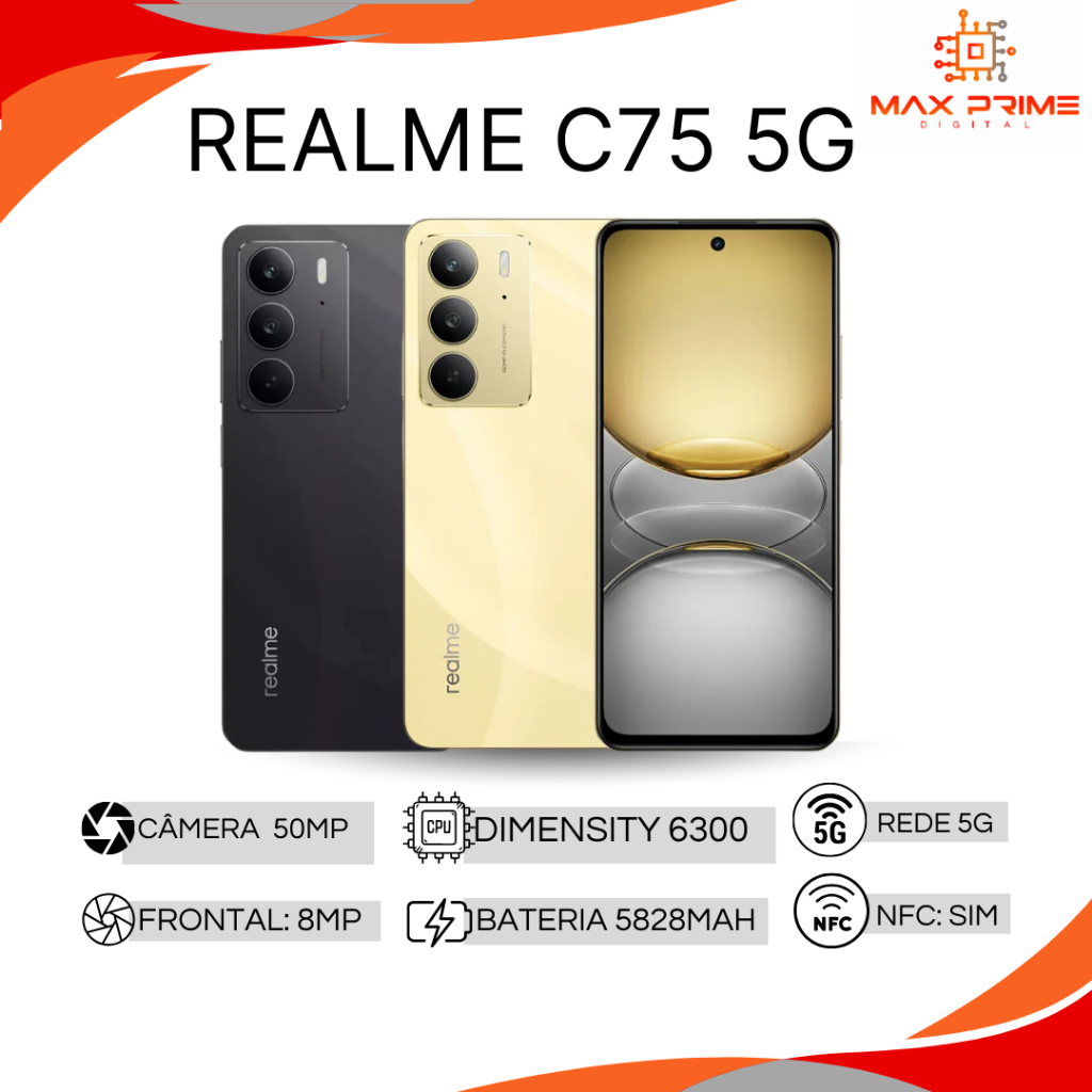 Realme C75 5G, Câmera 50MP,  Versão Global, 256GB + 8GB RAM, Proteção IP 69