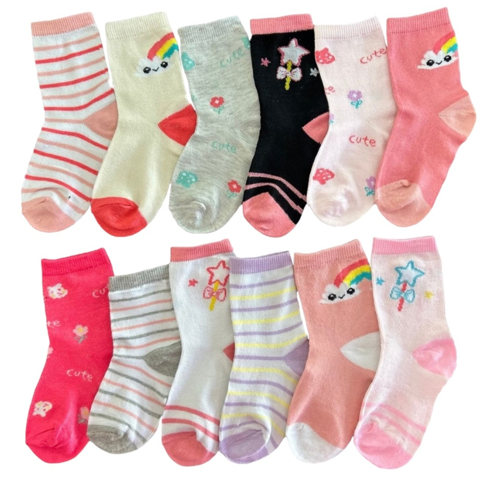 Kit 12 Pares de Meias Infantil Feminina e Bebê Menina Estampadas