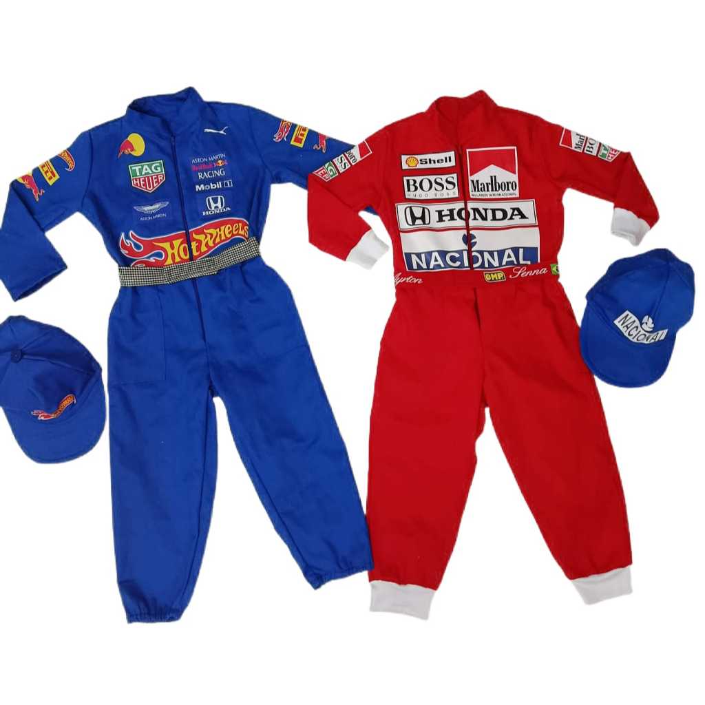 macacão piloto corrida azul e vermelho