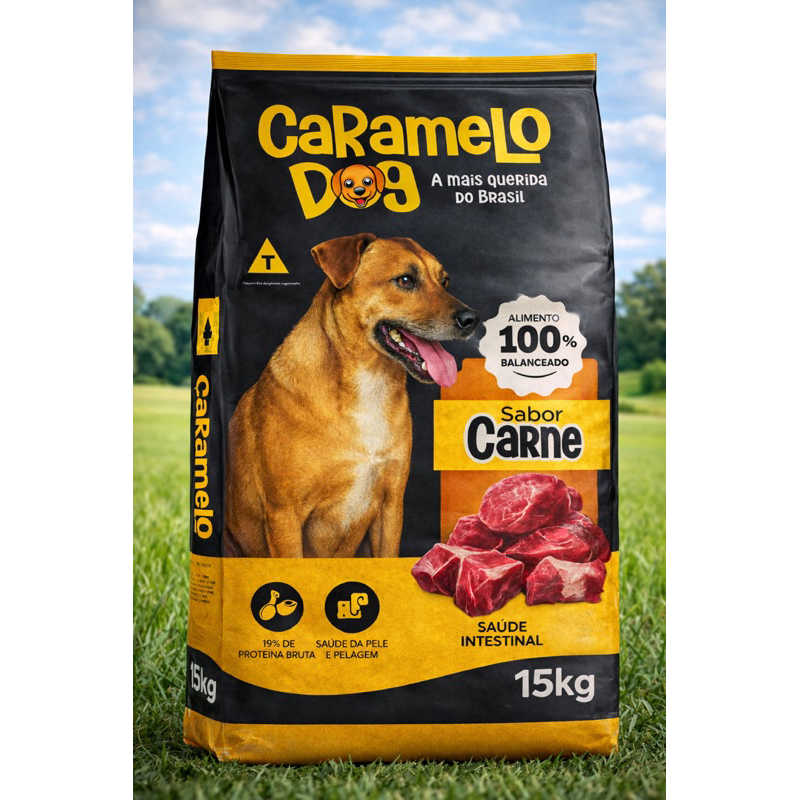 Caramelo Dog 15kg Ração Sabor Carne Sem Corantes com Ômega 3 e 6