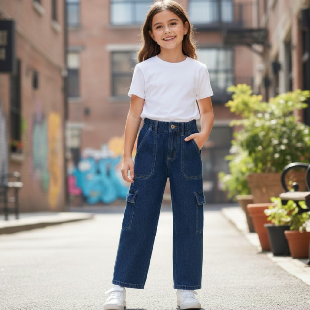Calça Jeans Feminina Cargo 1 Bolso Lateral Azul Reta Menina Adolescente Infantil Juvenil