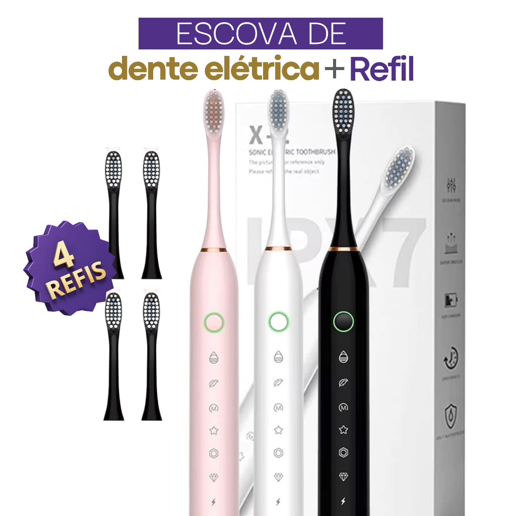 Escova de Dente Elétrica Recarregável com 4 Refis | 6 Modos de Velocidade