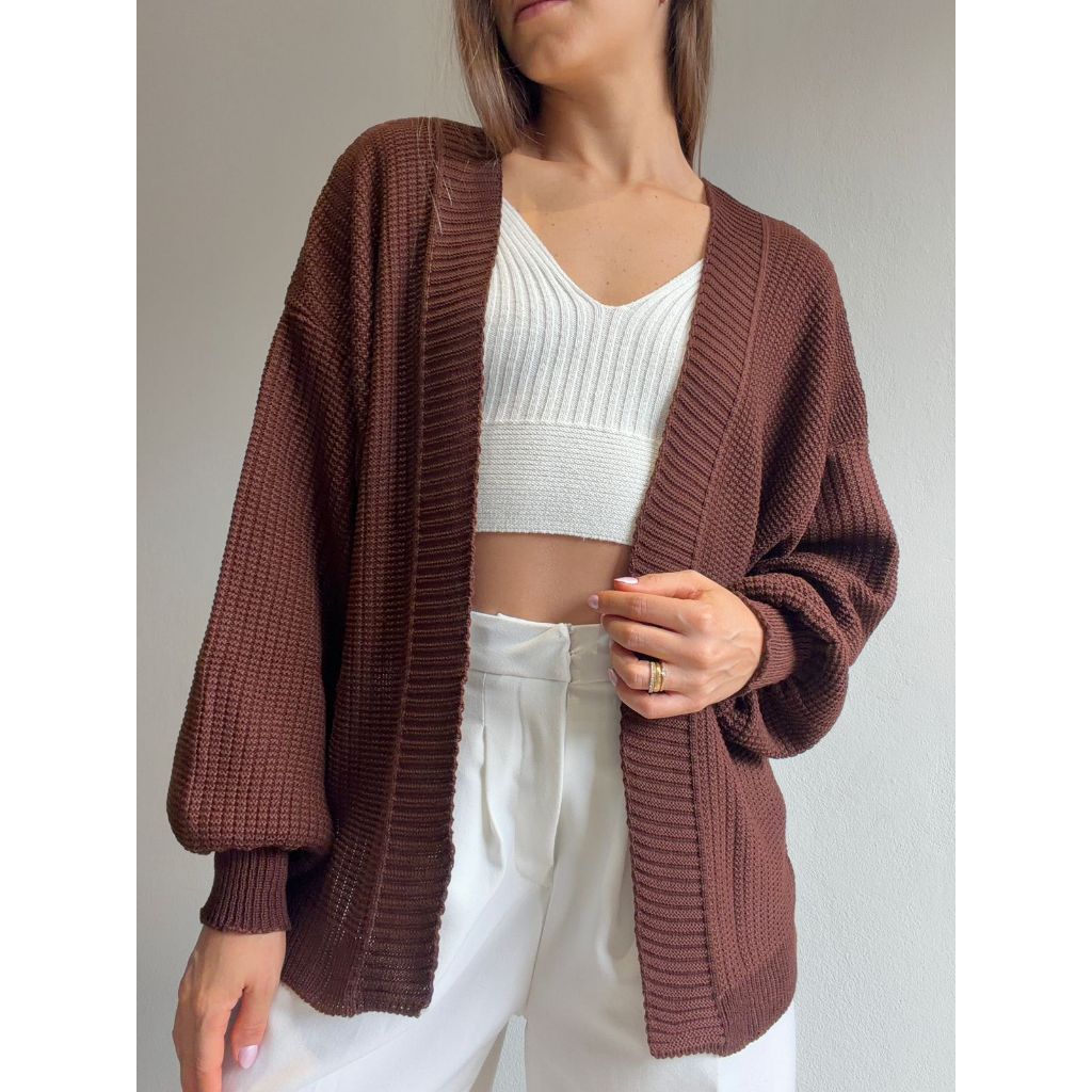 Cardigan Tricot Inverno Casaco Bufante Manga Longa Trico