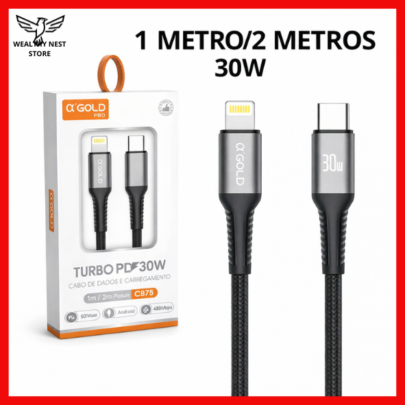 Cabo Carregador Entrada Tipo-C +Lightning Carregamento Turbo 30W 1M/2M A'GOLD
