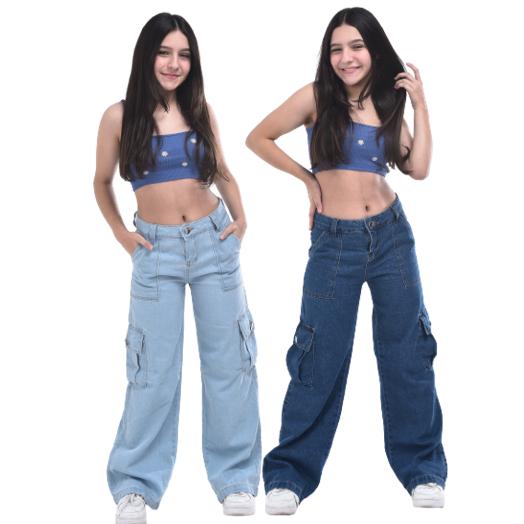 Calça Cargo Juvenil Jeans Infantil feminina Grafite Super tendencia Larga Bolso Na Lateral Criança