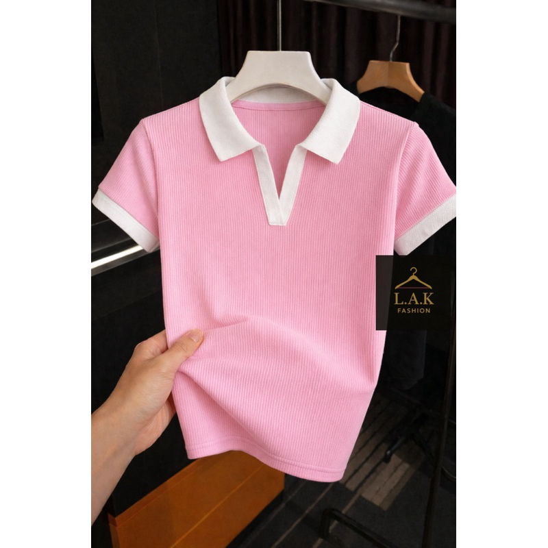 Blusa Polo Feminina Bicolor Canelada Casual Versátil Algodão Premium Malhado