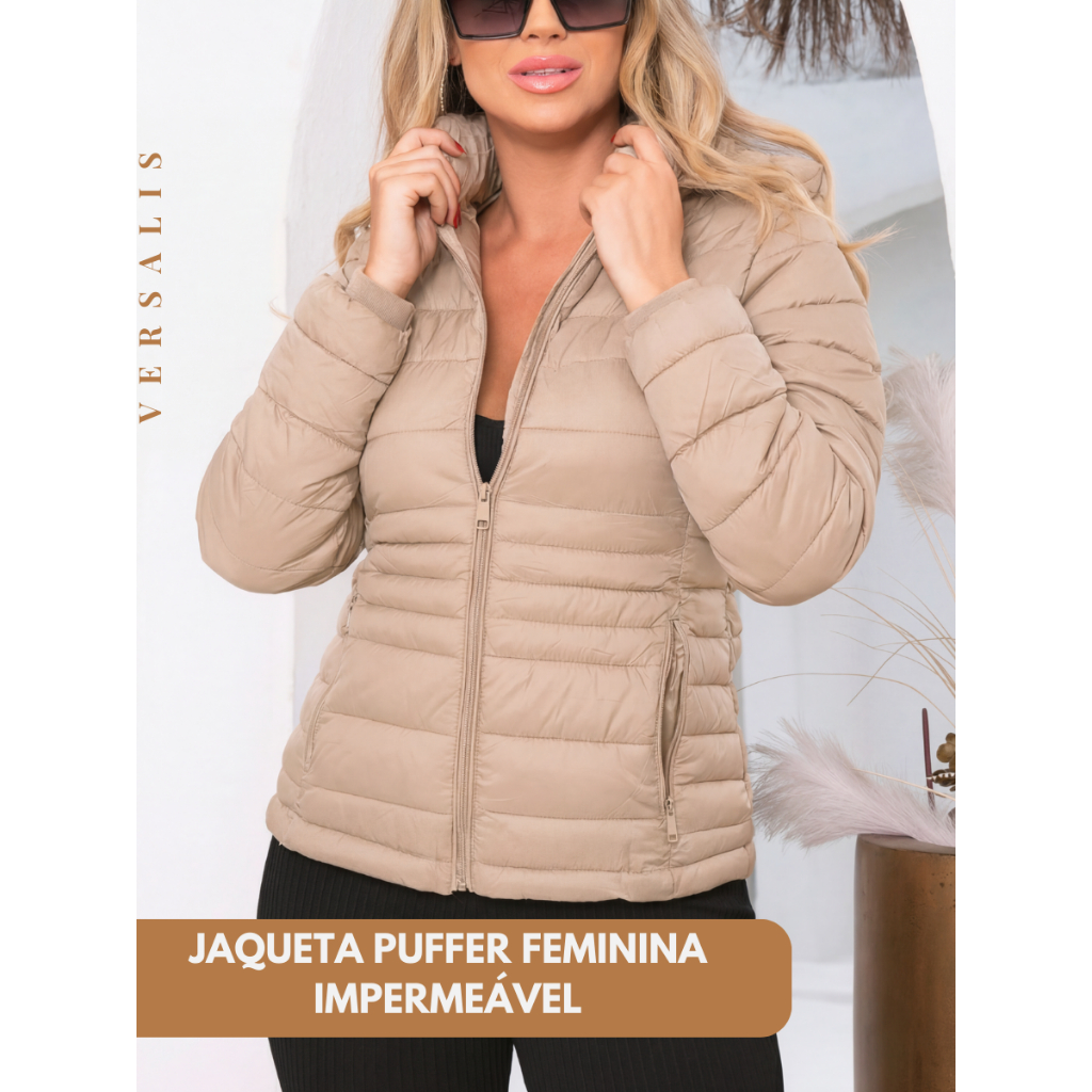 Jaqueta Puffer Feminina Inverno Bobojaco Gominho com Capuz Bolsos com Zíper Leve Acinturada Casual Dia Dia